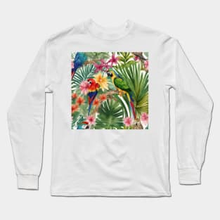 Macaw parrots in tropical forest acrylic painting Long Sleeve T-Shirt